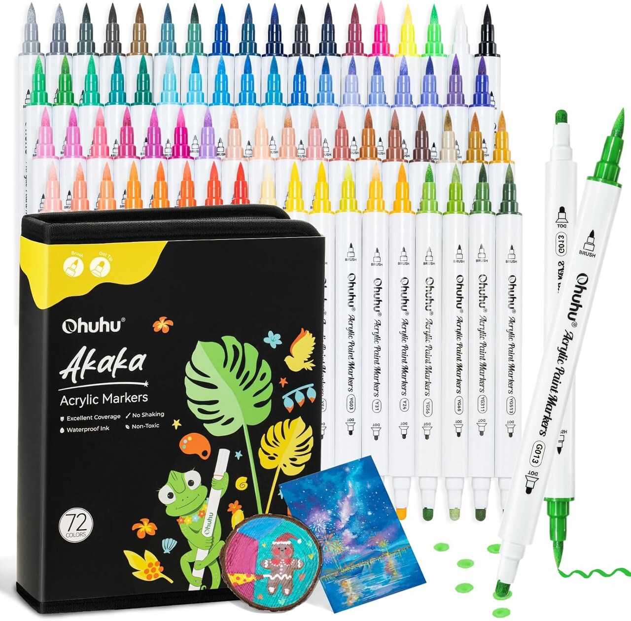 Ohuhu Acrylic Paint Markers Dual Tips: 72 Colors Paint Pens High Opacity Acrylic Markers Waterproof Lightfast for Christmas Gifts Rock Painting 3D Prints Egg Wood Glass Ceramic DIY Crafts - Brush & Dot/ Fine & Dot/ Brush & Fine